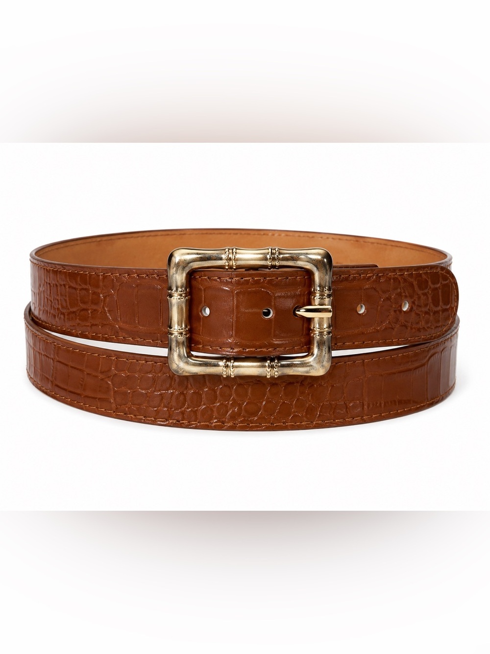 Brown Crocodile Embossed Leather Belt Gold Tone Bamboo Buckle